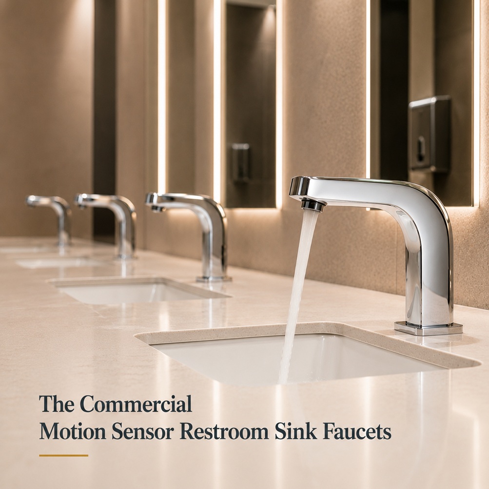 Commercial motion sensor restroom sink faucets in a public restroom